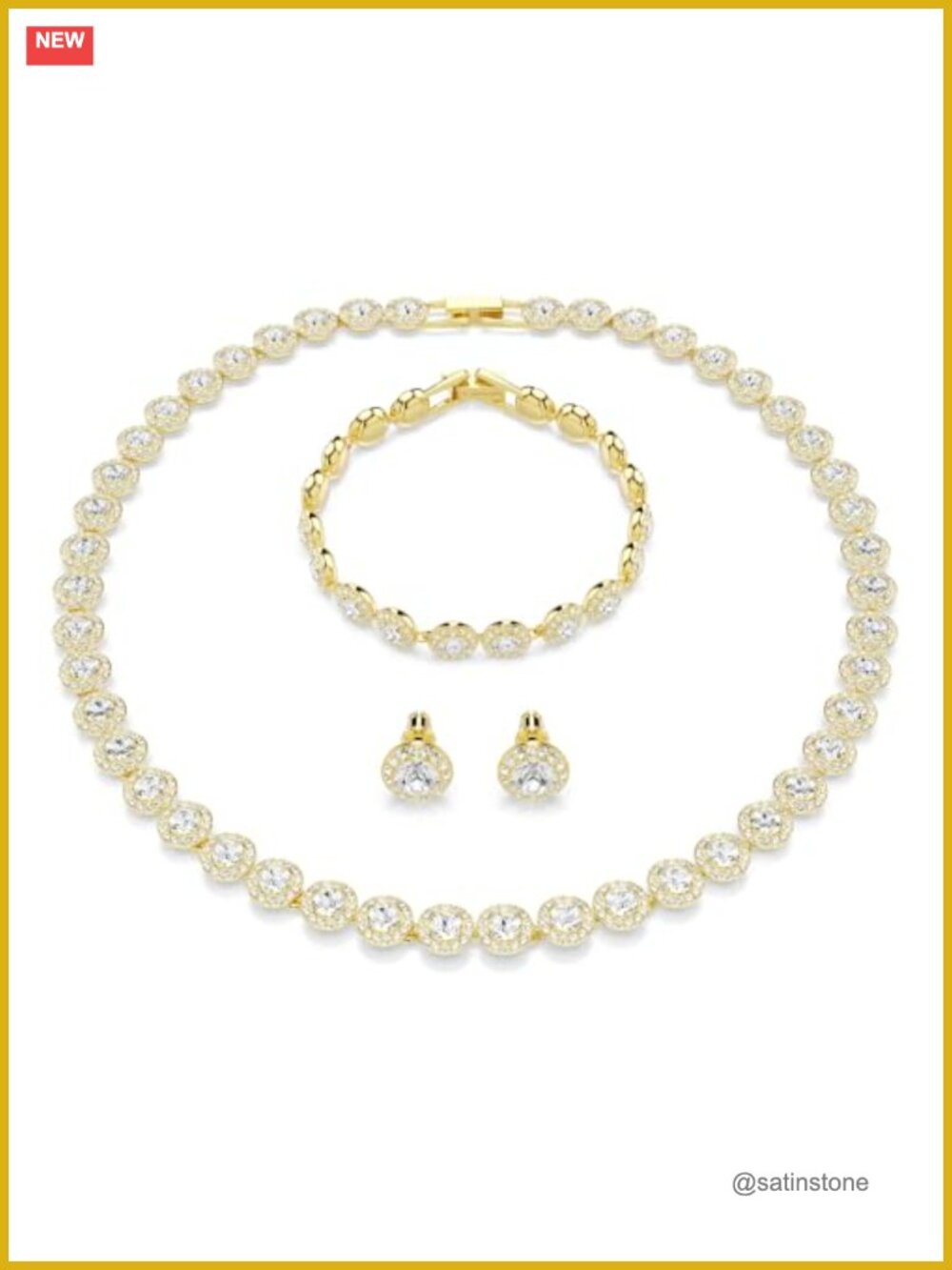 Swarovski Crystal Necklace Earrings Bracelet Set Gold Tone Plated